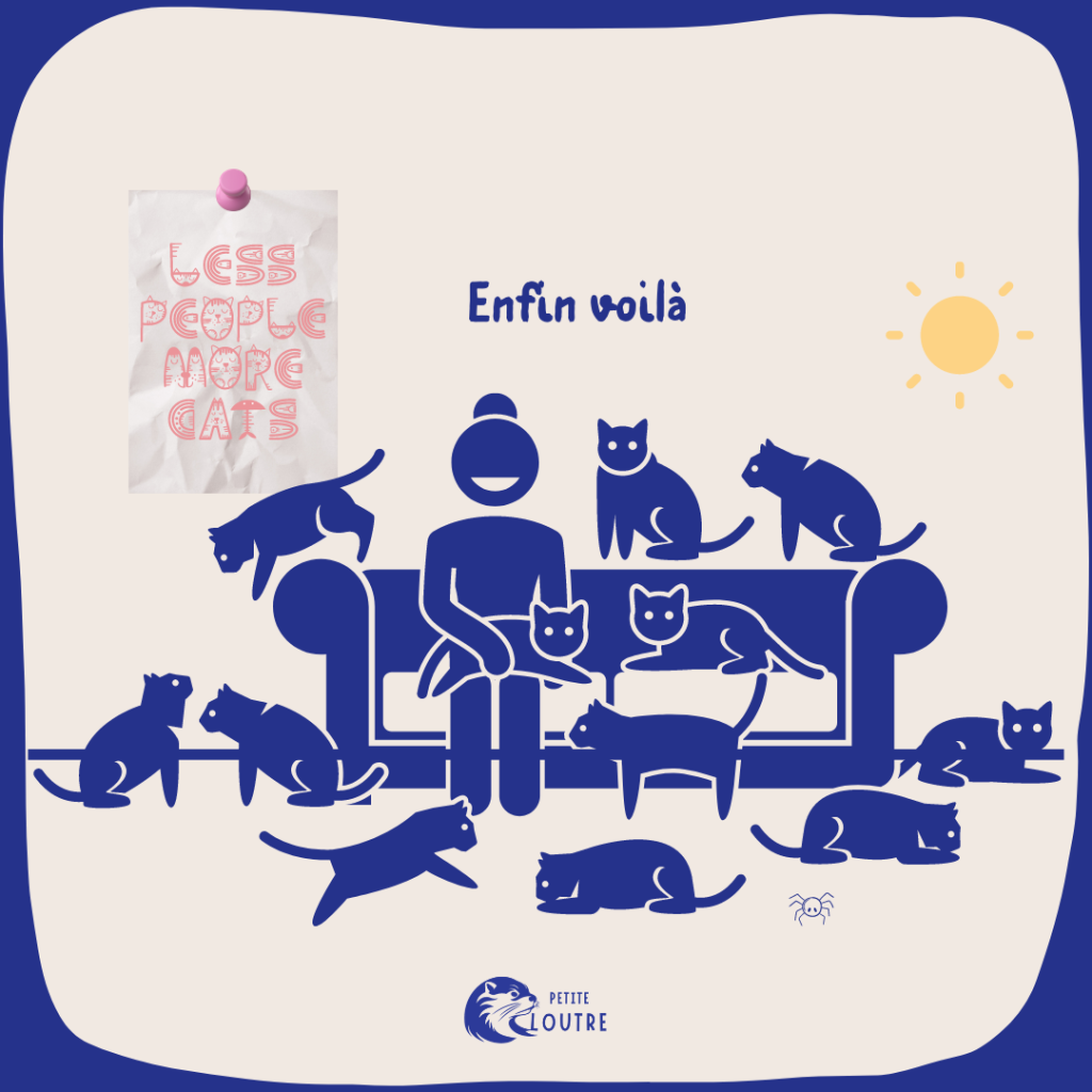 Le personnage féminin est assise sur un canapé, un chat sur les genoux. Autour d'elle 11 chats, sur le canapé, sur le sol, ont envahit l'espace. au mur un poster "Less people more cats". Elle dit "enfin voilà".