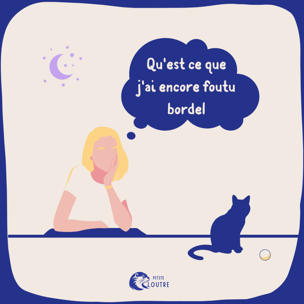 Le personnage féminin est accoudé et pose son menton sous sa main en pansant "qu'est ce que j'ai encore foutu bordel". Le chat est nonchalamment assis à coté de sa balle.