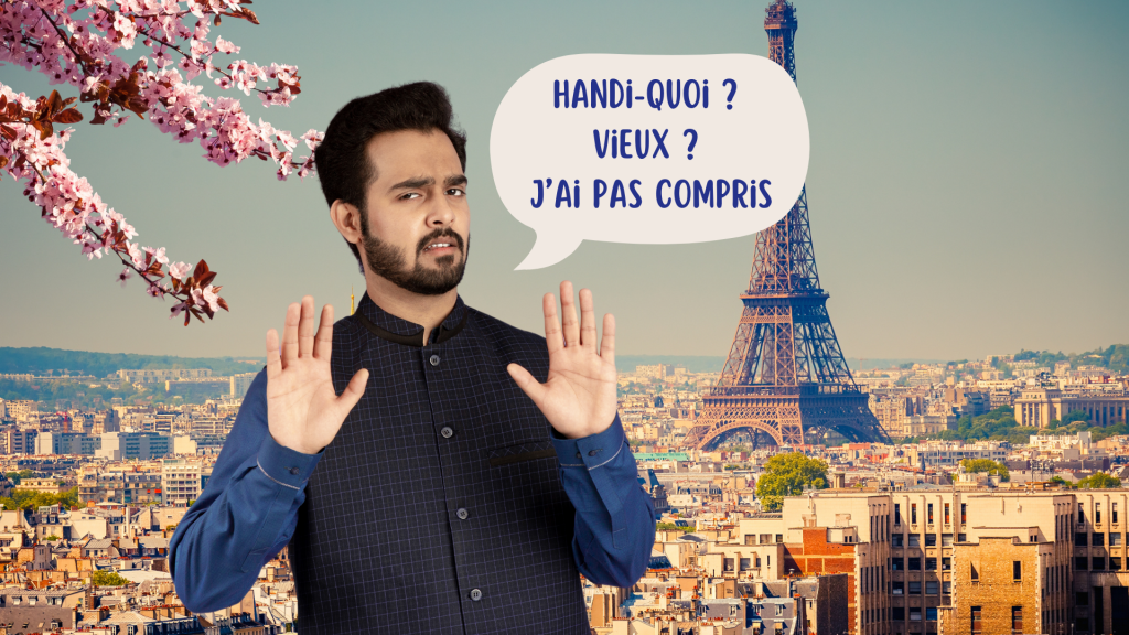 Un homme jeune et valide en plein déni de handicap, dit "handi-quoi ? Vieux ? J'ai pas compris" en fond, paris sou le soleil et la tour Effel.