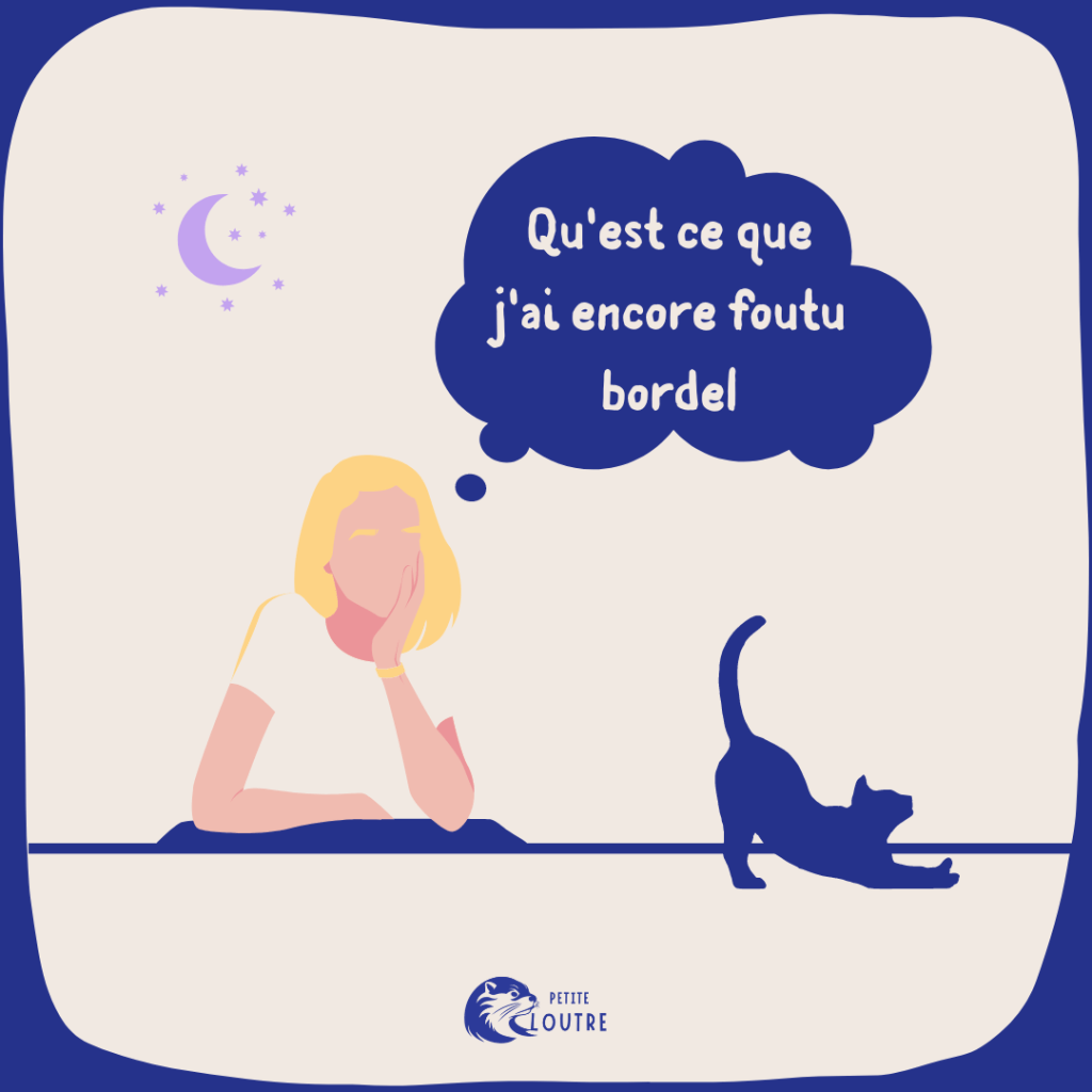 Le personnage féminin est accoudé et pose son menton sous sa main en pansant "qu'est ce que j'ai encore foutu bordel". Son chat s'étire nonchalamment.