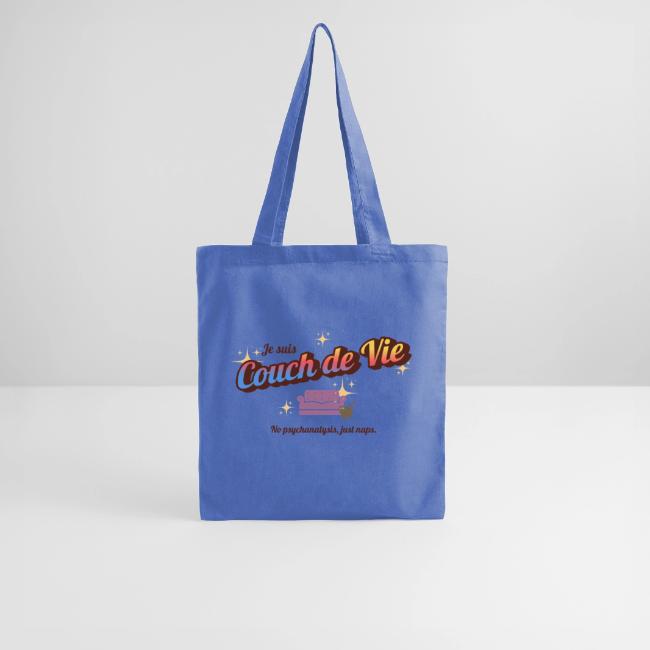 Sac en toile bleu avec un motif textuel "Je suis Couch de Vie" et un dessin de canapé, slogan en bas "No psychonauts, just vibes."
