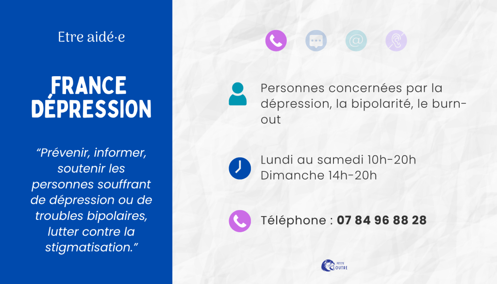 France Dépression, du lundi au samedi 10h 20h et le dimanche 14h 20h, téléphone 07 84 96 88 28.