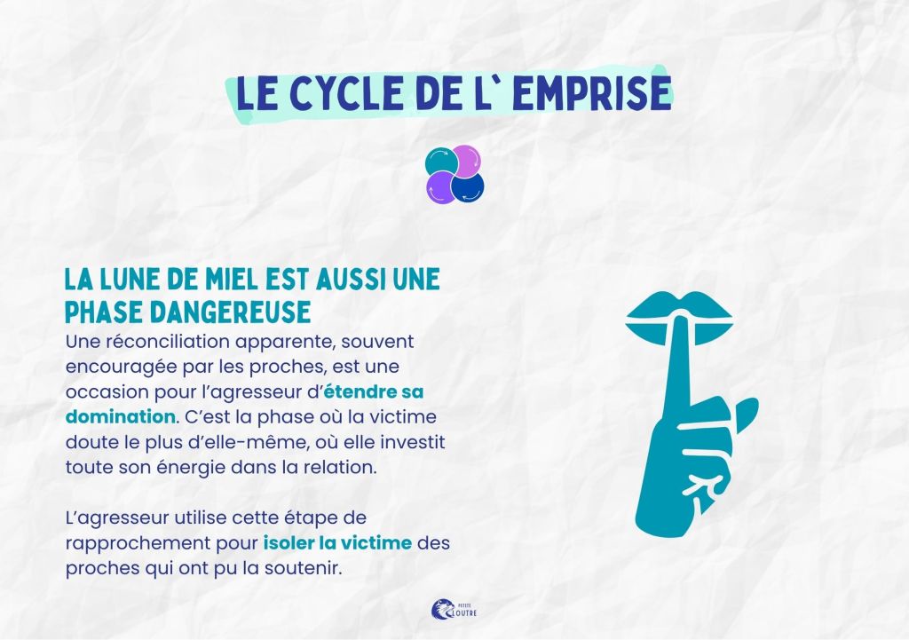 La lune de miel est aussi une phase dangereuse. Une réconciliation apparente souvent encouragée par les proches est une occasion pour l'agresseur d'étendre sa domination. C'est la phase ou la victime doute d'elle-même, où elle investi toute son énergie dans la relation. L'agresseur utilise cette étape de rapprochement pour isoler la victime des proches qui ont pu la soutenir.