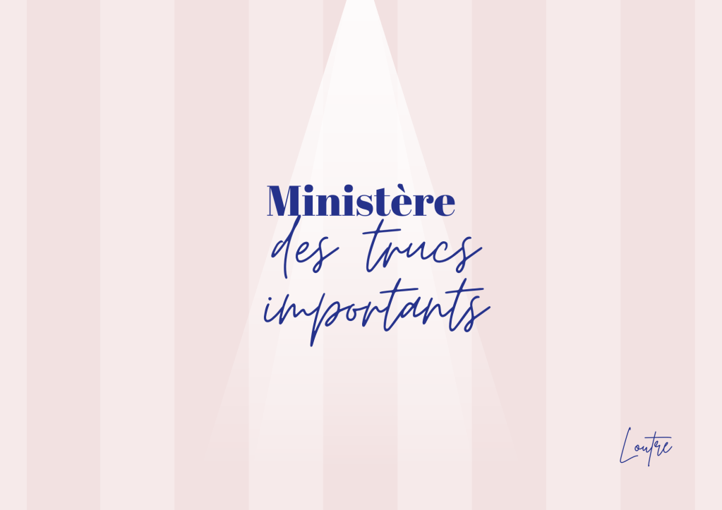 sur fond rayé beige et rouge très pâle, le titre "ministère des trucs importants" apparaît sous un triangle de lumière venu du haut.
