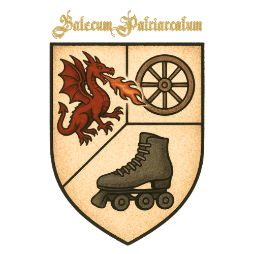blason avec le slogan "balecum patriarcatum" orné d'un dragon, d'une roue et d'un roller artistique.
