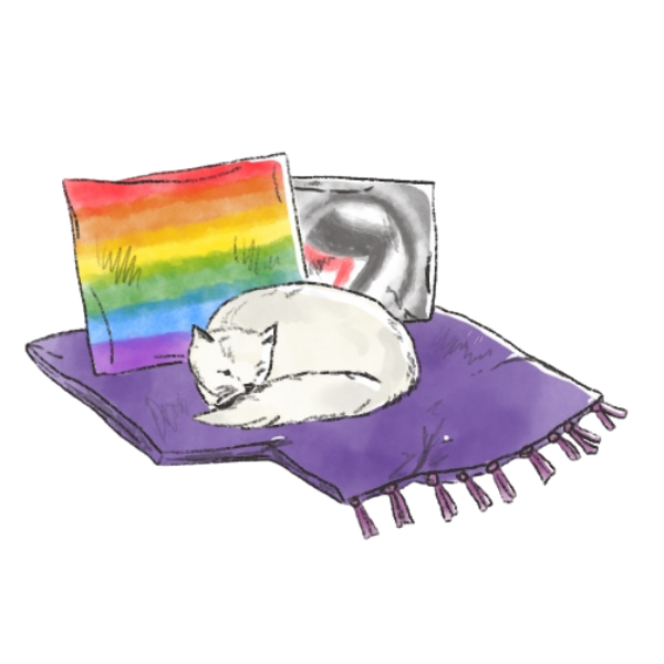un chat dort sur un plaid, derrière lui un coussin aux couleurs antifa et un autre aux couleurs LGBT