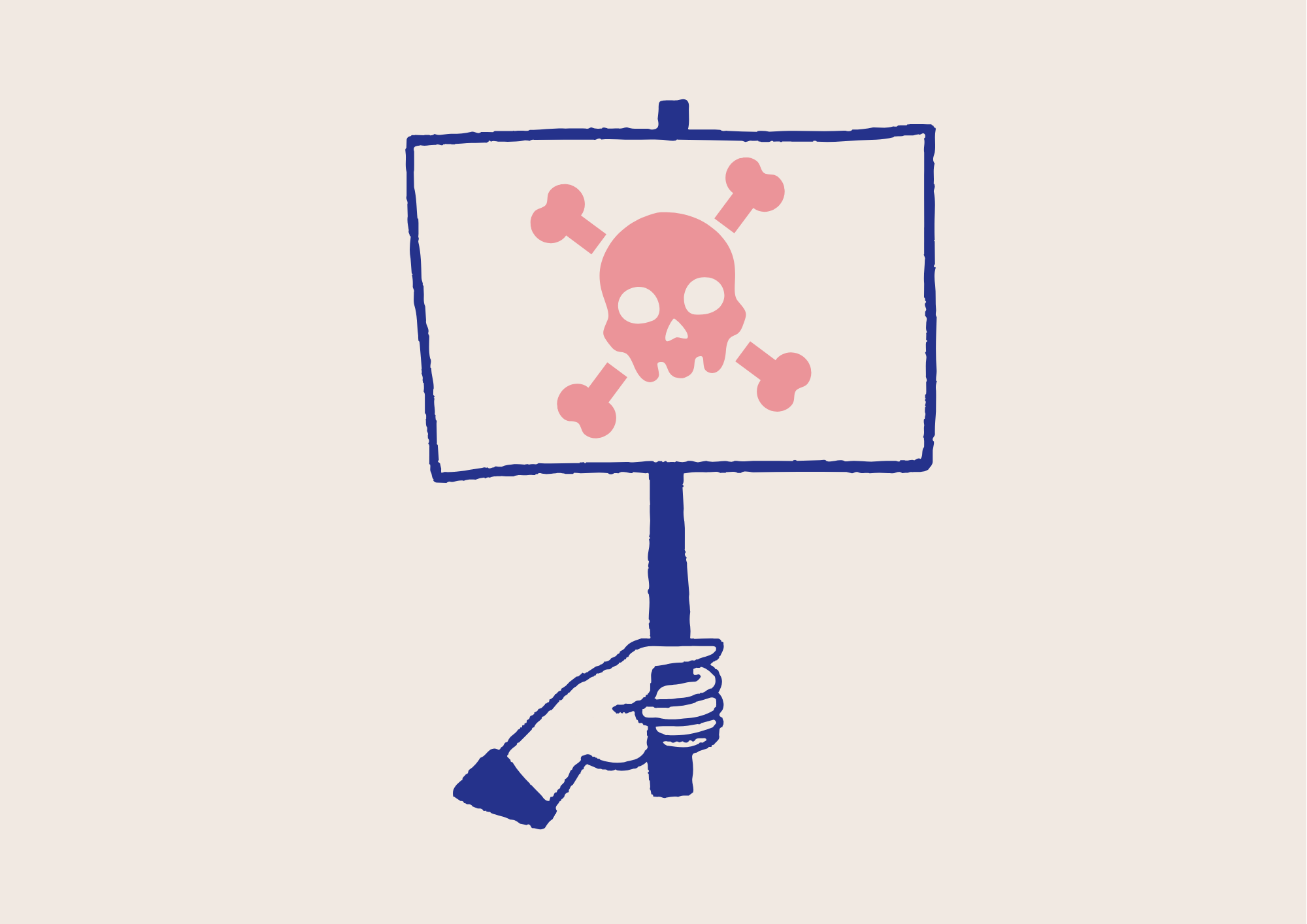 une main tient une pancarte avec une tête de mort dessinée dessus